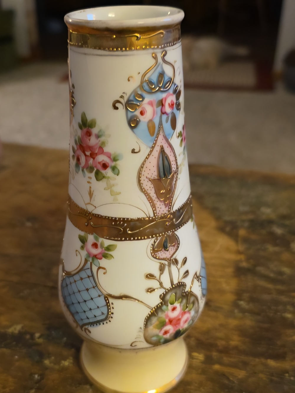 Vintage Decorative Porcelain Vase with Pink Floral and Gold Accents